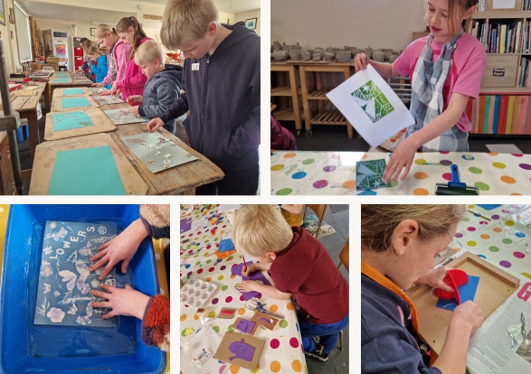 A montage of photographs showing children participating in our printmaking workshop.